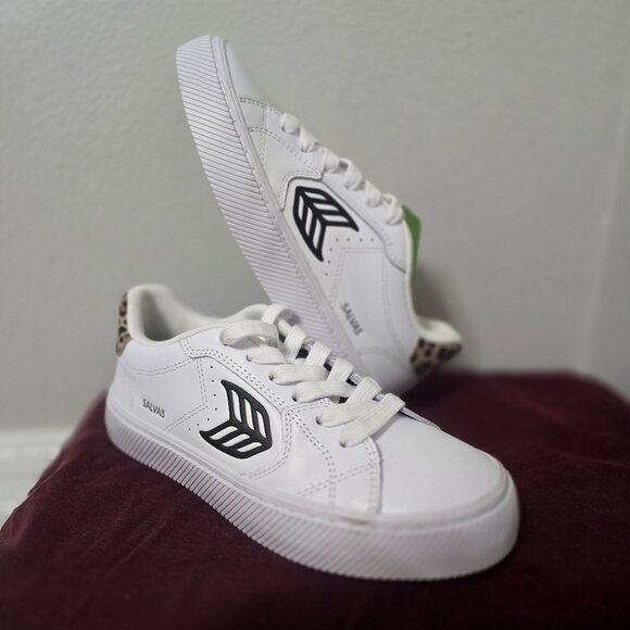 Cariuma Salvas White Smooth Leather/Leopard & Black Sneakers US Womens Size 6.5